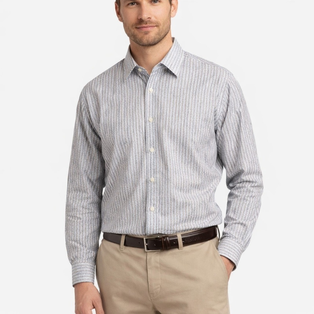 Pronto Uomo Men XXL Blue Tan Shirt Striped Floral Cotton Long Sleeve Button Up H
